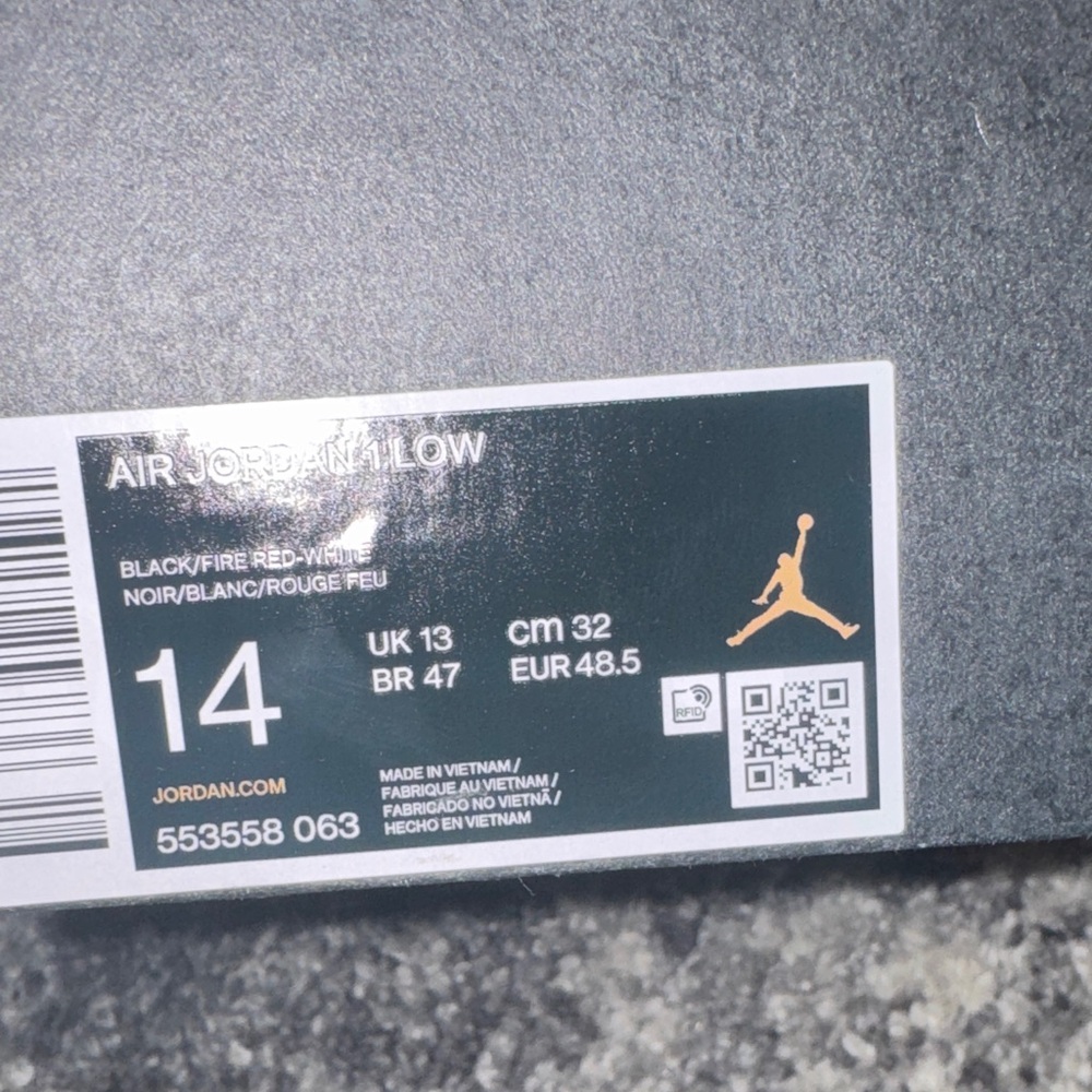 Nike Men's Black, Red, and White Air Jordan 1 Low Sneakers - Picture 7 of 7